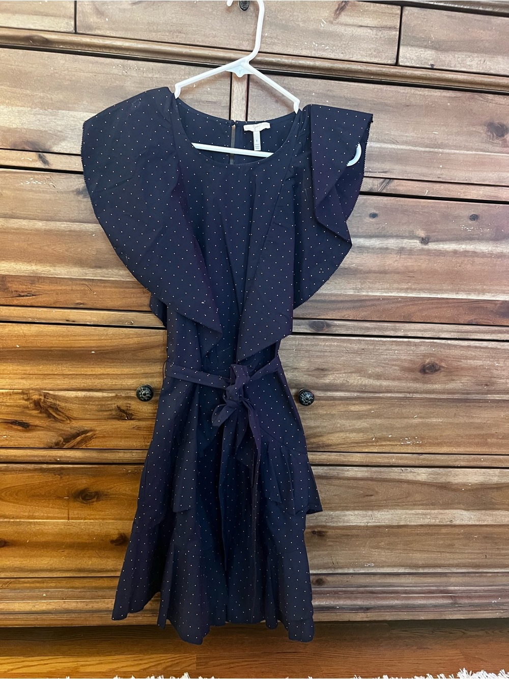 Joie Navy Micro Polka Dot Ruffle Sleeve Belted Dress Size 8